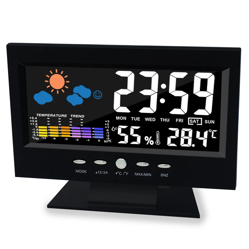 Voice Control Backlight Digital Weather Clock Date Week Temperature Humidity Weather Forecast Countdown 12/24H Electronic Clock