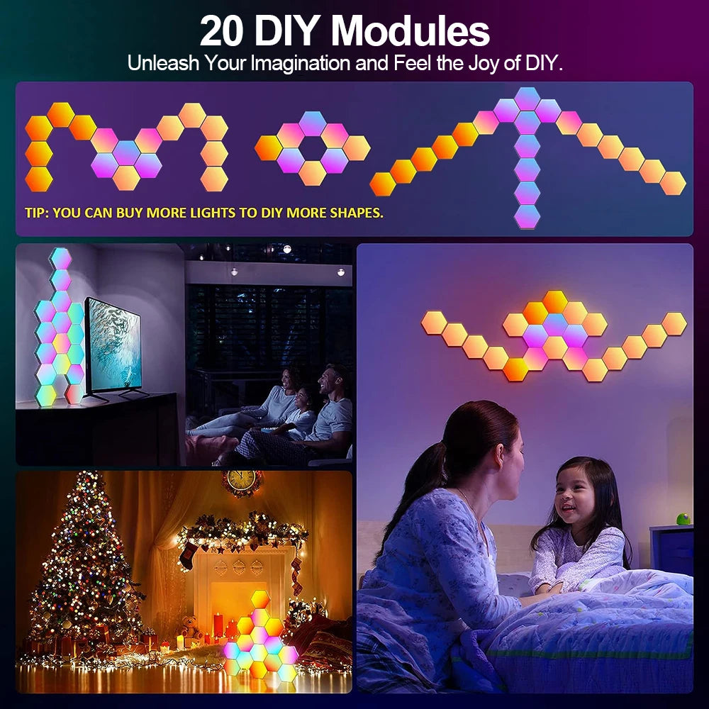 RGB Smart Hexagonal Wall Lamp Colour changing Ambient Night Light DIY Shape Music Rhythm APP For Game Room Bedroom Intelligent