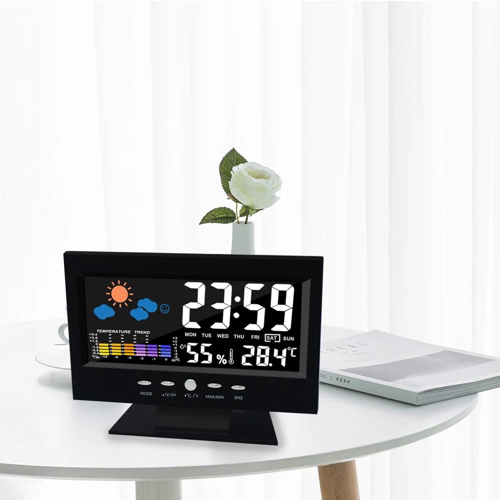 Voice Control Backlight Digital Weather Clock Date Week Temperature Humidity Weather Forecast Countdown 12/24H Electronic Clock