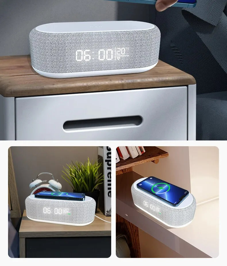 Wireless Charger Alarm Clock Time LED Light Thermometer Earphone Phone Charger 15W Fast Charging Dock Station for iPhone Samsung