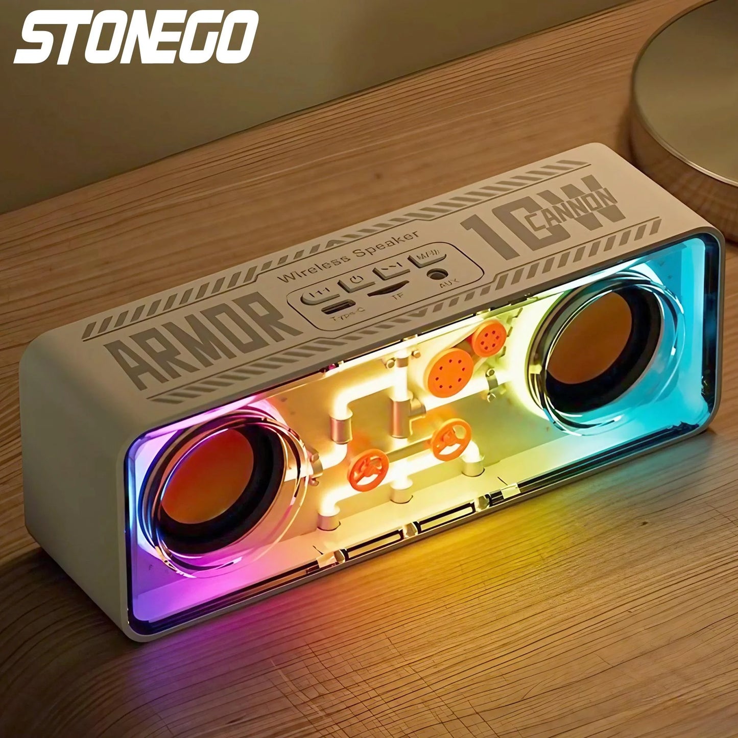 STONEGO 1PC Punk Style Dual Speakers Transparent Mechanical Wireless Bluetooth Speakers LED TWS Bass Diaphragm Sound