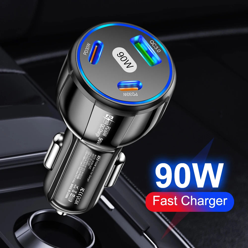 90W  Fast Charger 3 Ports PD USB Car Charging Mobile Phone Type-C Adapter Super Fast Charging.