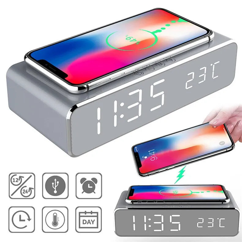 Wireless Charger Time Alarm Clock LED Digital Thermometer Earphone Phone Chargers Fast Charging Dock Station for iPhone Samsung