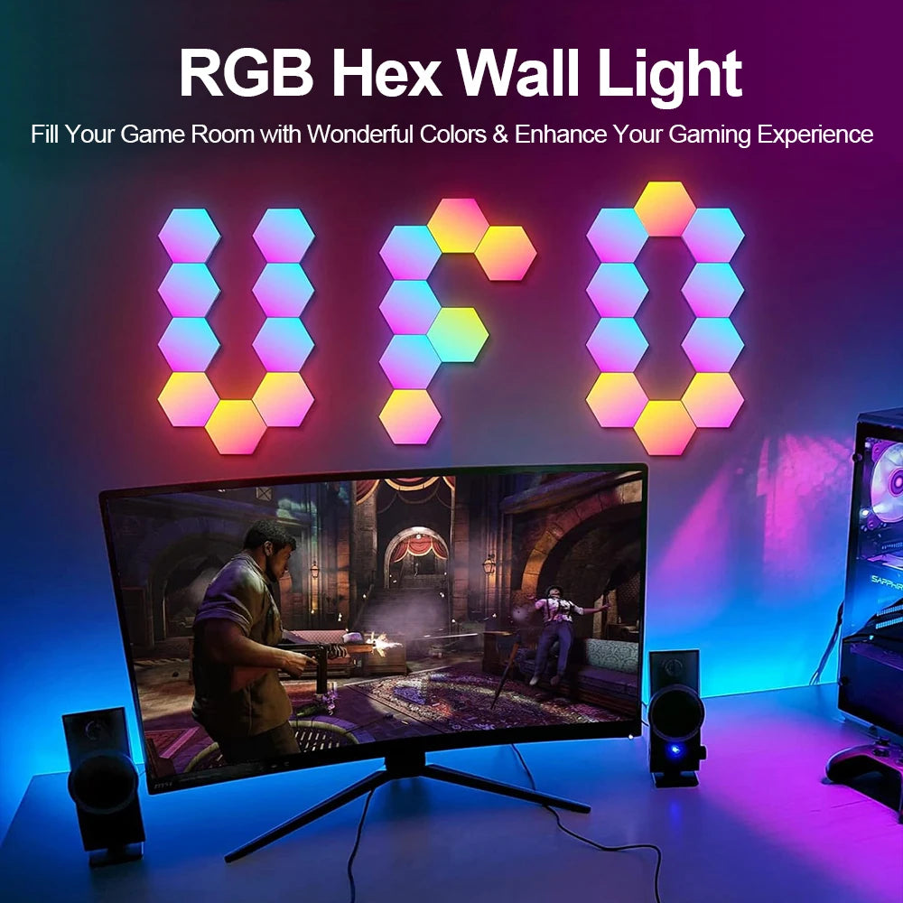 RGB Smart Hexagonal Wall Lamp Colour changing Ambient Night Light DIY Shape Music Rhythm APP For Game Room Bedroom Intelligent