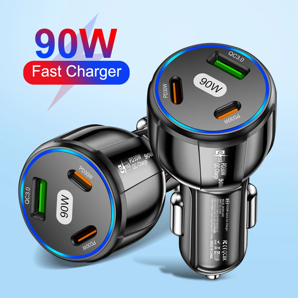 90W  Fast Charger 3 Ports PD USB Car Charging Mobile Phone Type-C Adapter Super Fast Charging.