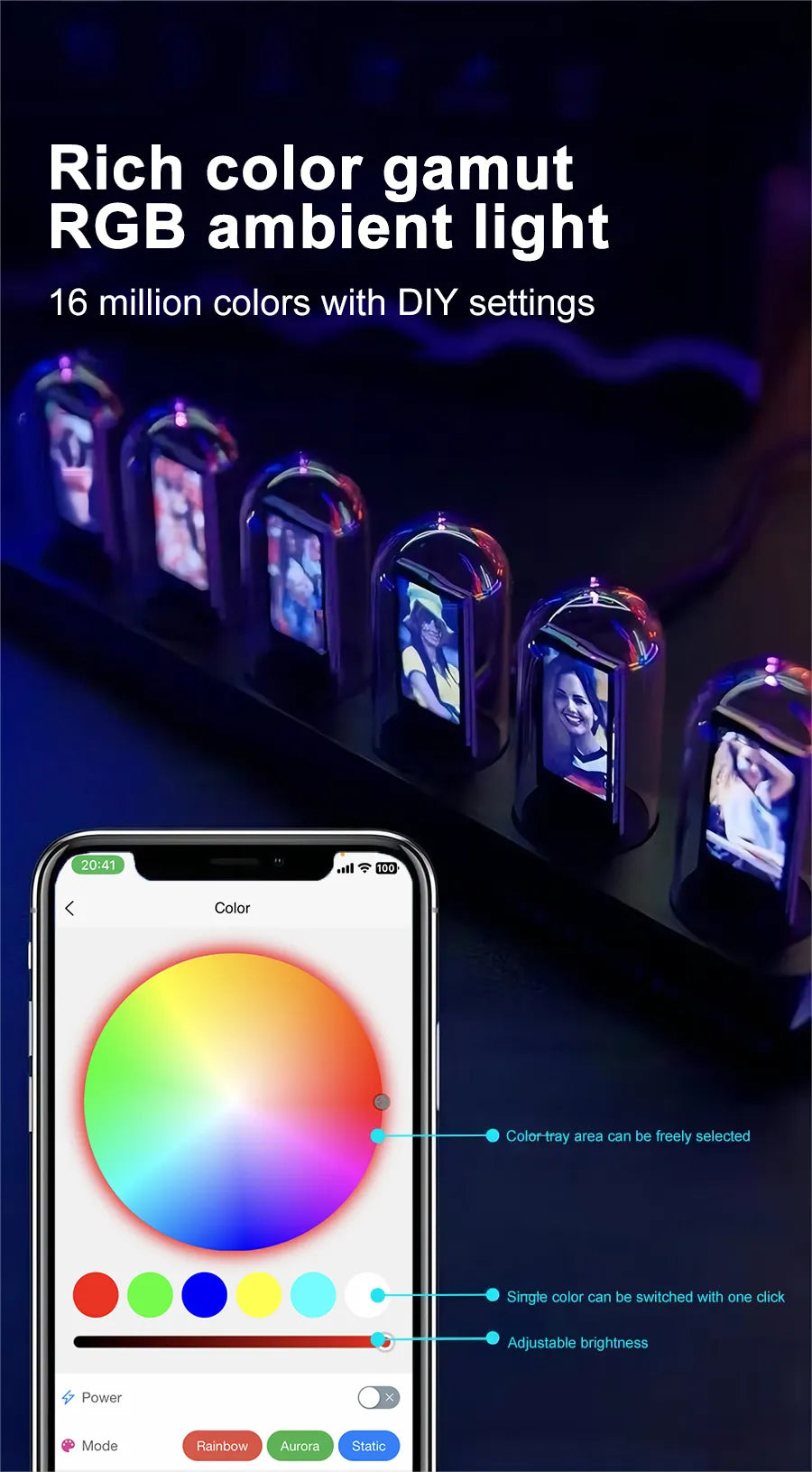 RGB Nixie Tube Clock LED Glows IPS Colour Screen DIY Analog Digital Tube Night lights Gaming Desktop Decoration