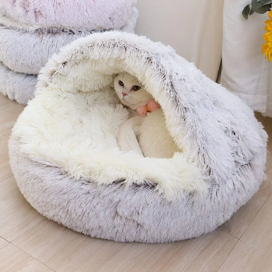 Soft Plush Pet Bed with Cover Round Cat Bed Pet Mattress Warm Cat Dog 2 in 1 Sleeping Nest Cave for Small pets.