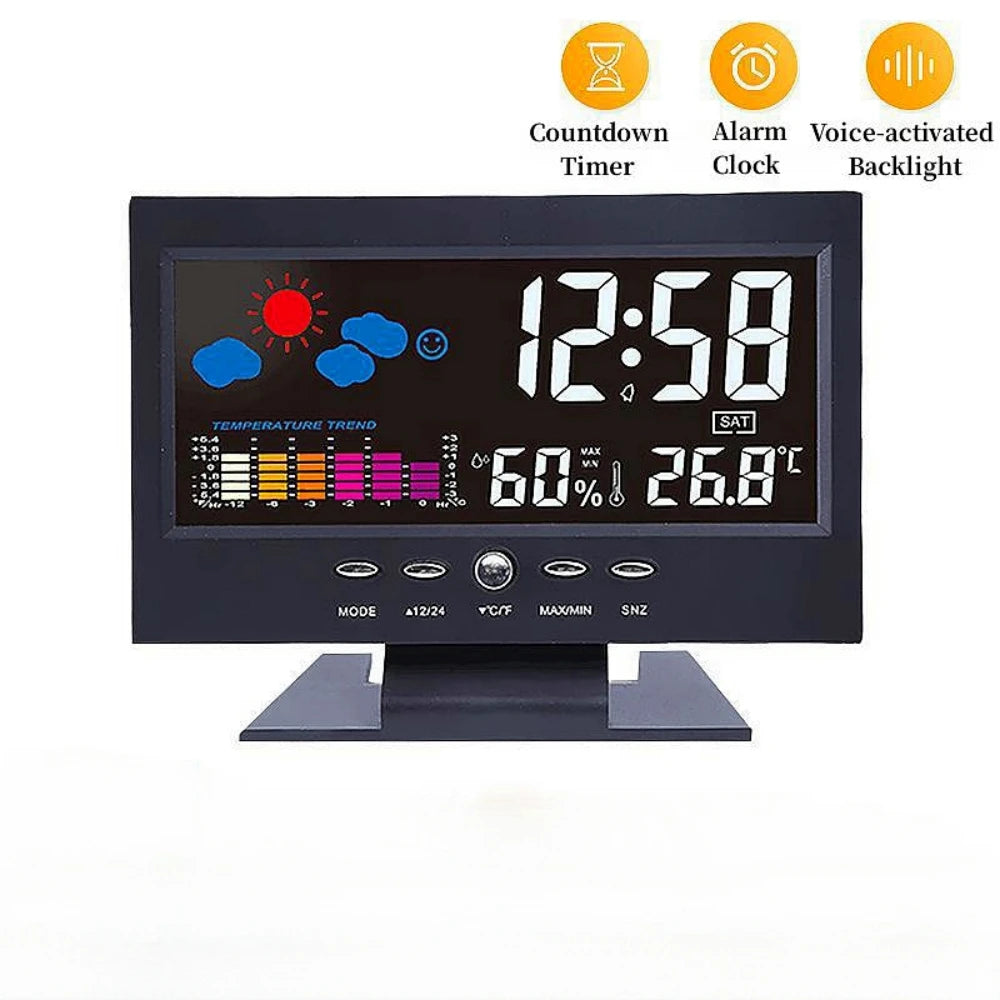 Voice Control Backlight Digital Weather Clock Date Week Temperature Humidity Weather Forecast Countdown 12/24H Electronic Clock