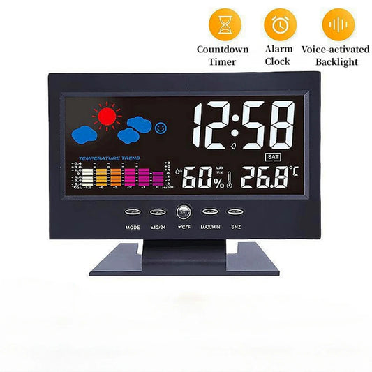 Voice Control Backlight Digital Weather Clock Date Week Temperature Humidity Weather Forecast Countdown 12/24H Electronic Clock