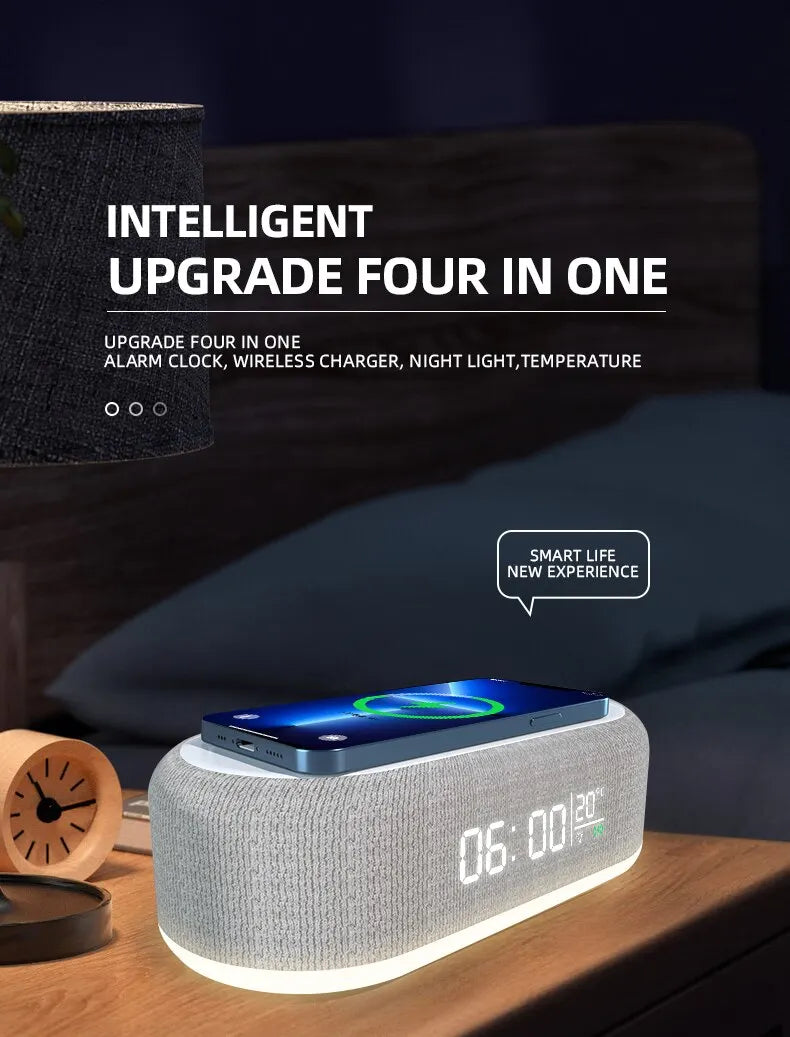 Wireless Charger Alarm Clock Time LED Light Thermometer Earphone Phone Charger 15W Fast Charging Dock Station for iPhone Samsung