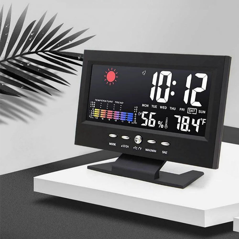 Voice Control Backlight Digital Weather Clock Date Week Temperature Humidity Weather Forecast Countdown 12/24H Electronic Clock