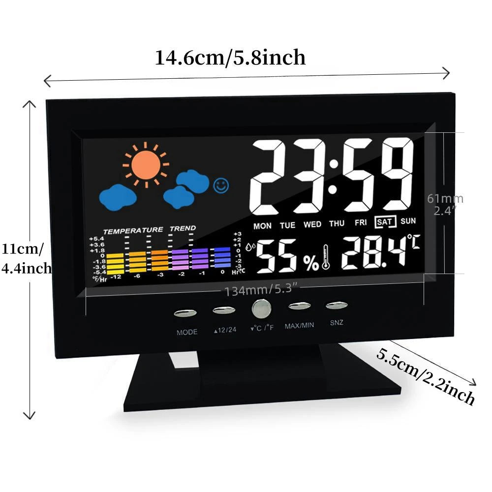 Voice Control Backlight Digital Weather Clock Date Week Temperature Humidity Weather Forecast Countdown 12/24H Electronic Clock