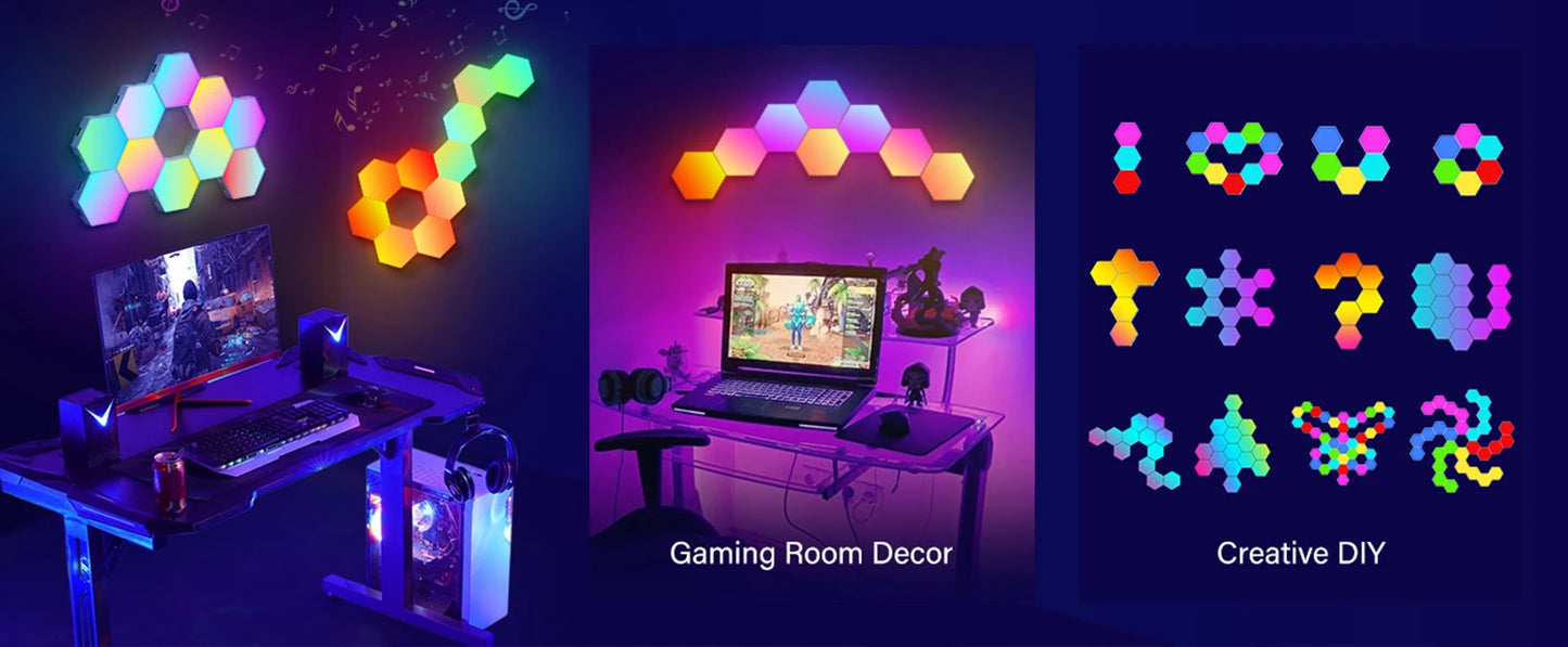 RGB Smart Hexagonal Wall Lamp Colour changing Ambient Night Light DIY Shape Music Rhythm APP For Game Room Bedroom Intelligent