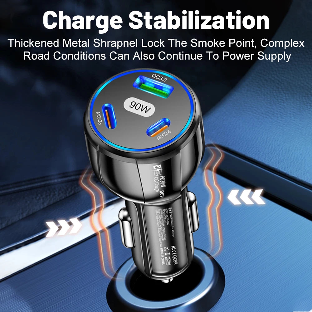 90W  Fast Charger 3 Ports PD USB Car Charging Mobile Phone Type-C Adapter Super Fast Charging.