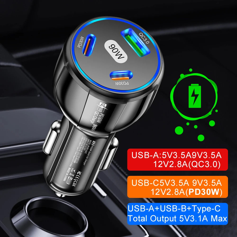 90W  Fast Charger 3 Ports PD USB Car Charging Mobile Phone Type-C Adapter Super Fast Charging.