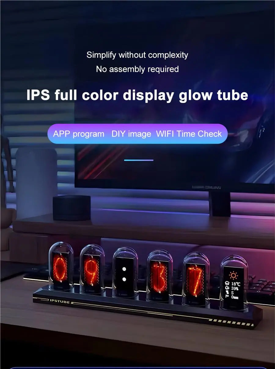 RGB Nixie Tube Clock LED Glows IPS Colour Screen DIY Analog Digital Tube Night lights Gaming Desktop Decoration