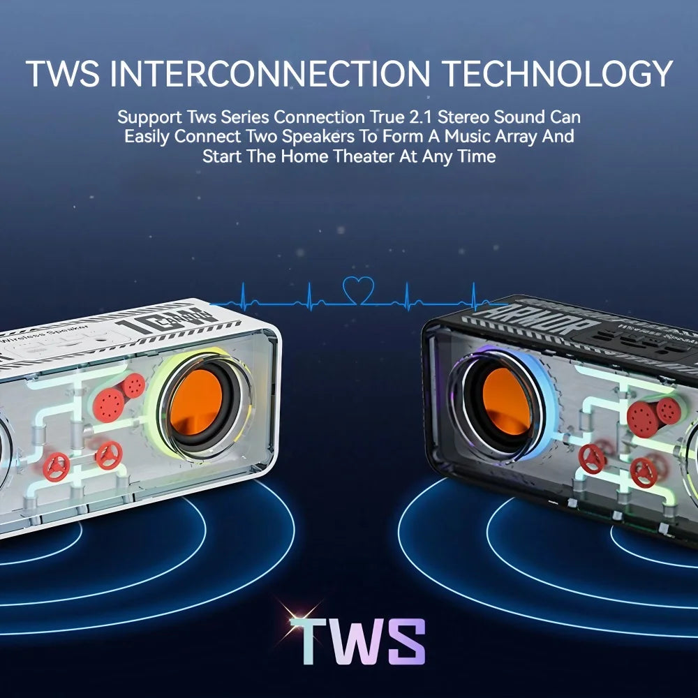 STONEGO 1PC Punk Style Dual Speakers Transparent Mechanical Wireless Bluetooth Speakers LED TWS Bass Diaphragm Sound