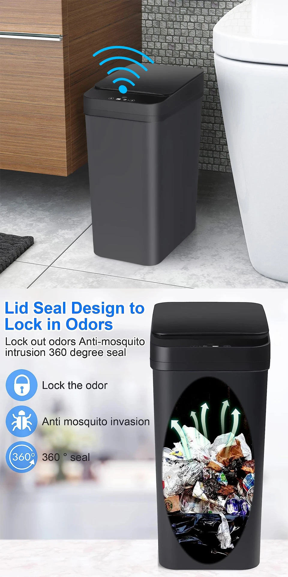 Bathroom Touchless Trash,12L Motion Sensor-Activated Trash Can with Lid, Automatic Toilet Trash can