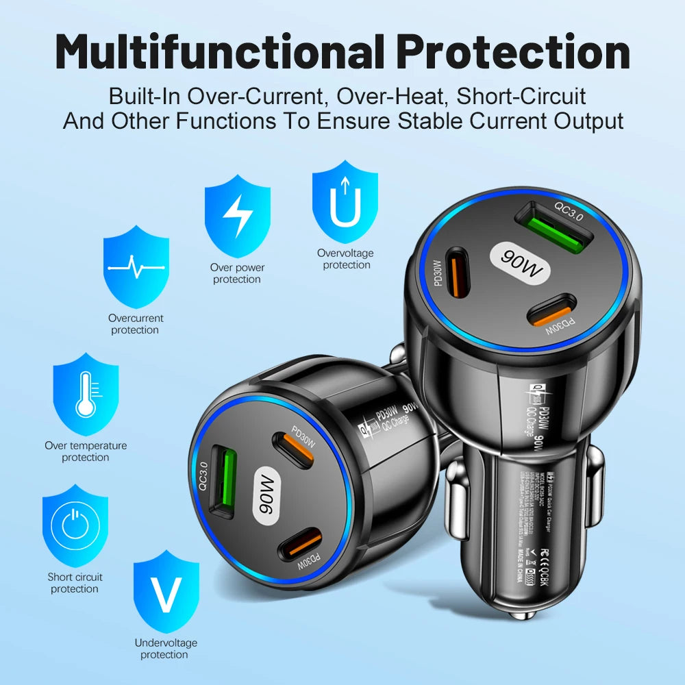 90W  Fast Charger 3 Ports PD USB Car Charging Mobile Phone Type-C Adapter Super Fast Charging.