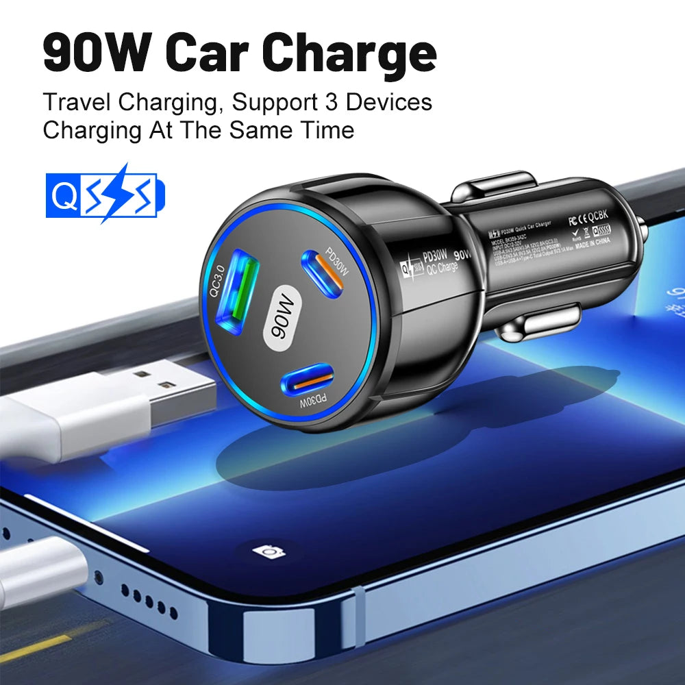 90W  Fast Charger 3 Ports PD USB Car Charging Mobile Phone Type-C Adapter Super Fast Charging.