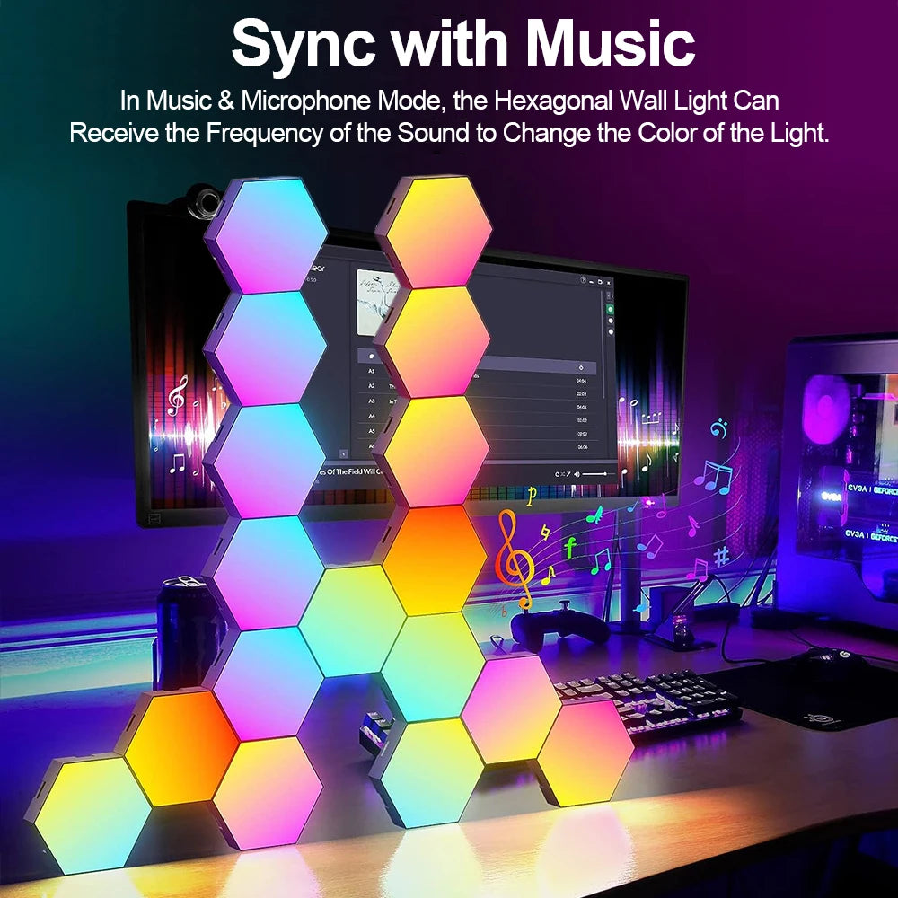 RGB Smart Hexagonal Wall Lamp Colour changing Ambient Night Light DIY Shape Music Rhythm APP For Game Room Bedroom Intelligent