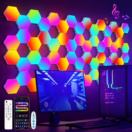 RGB Smart Hexagonal Wall Lamp Colour changing Ambient Night Light DIY Shape Music Rhythm APP For Game Room Bedroom Intelligent