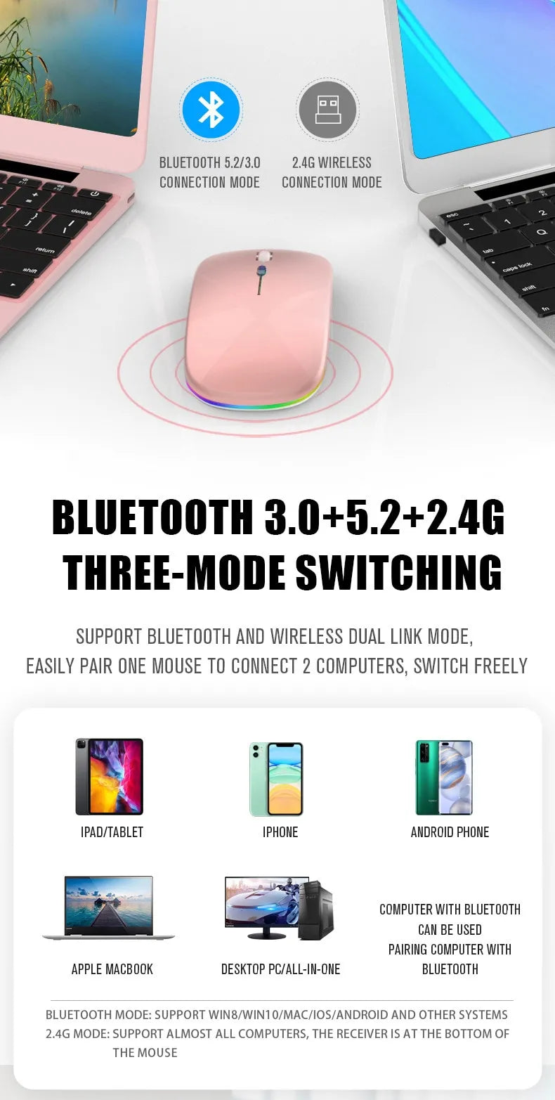 Tablet Phone Computer Bluetooth Wireless Mouse Charging Luminous 2.4G USB Wireless Mouse Portable Mouse