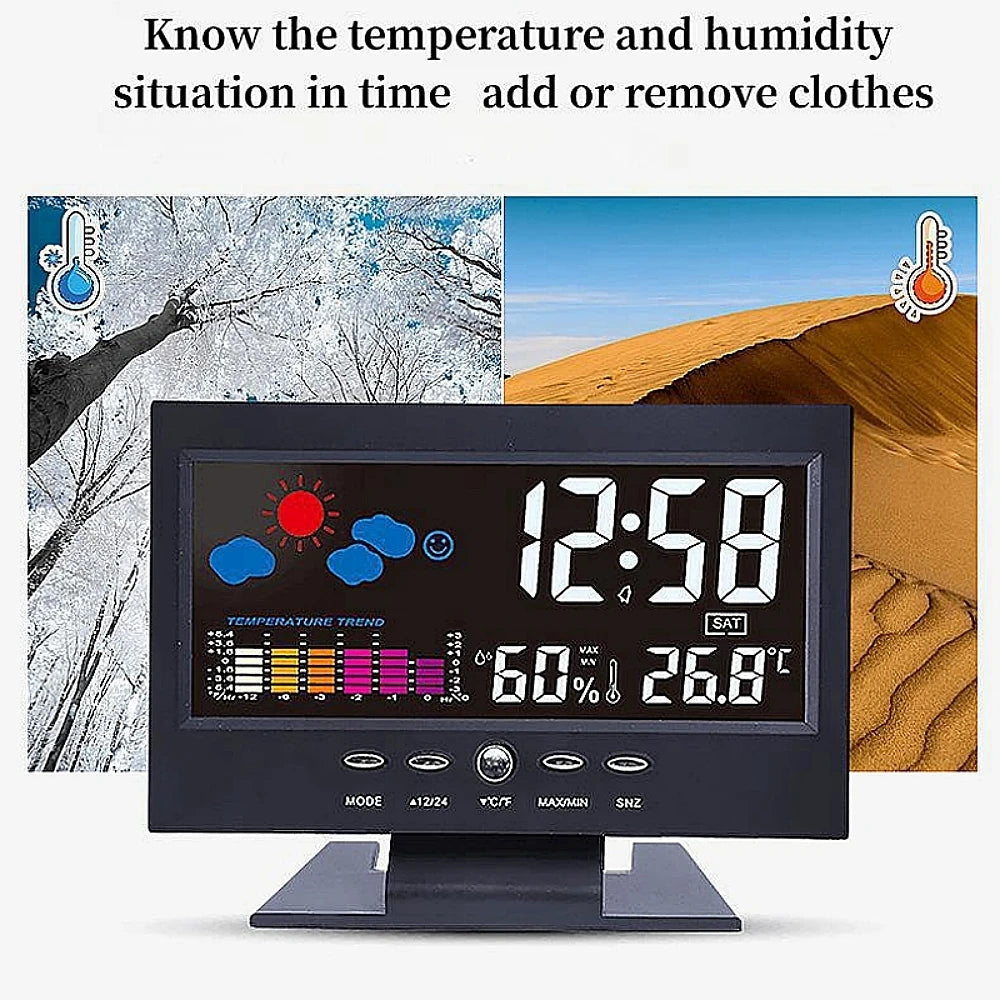 Voice Control Backlight Digital Weather Clock Date Week Temperature Humidity Weather Forecast Countdown 12/24H Electronic Clock